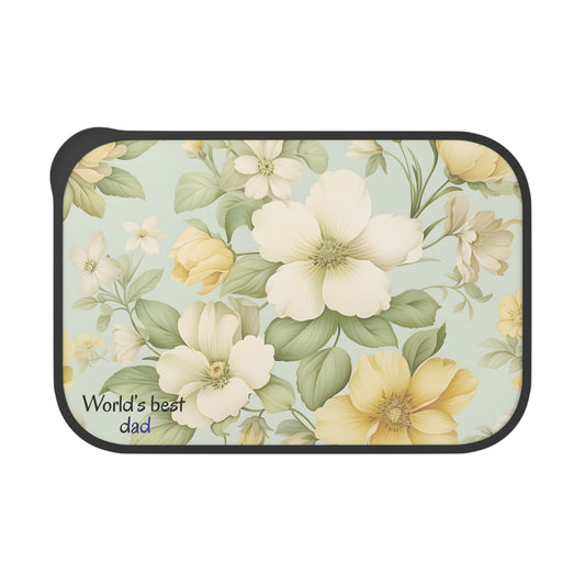 Yellow White Floral Pattern Bento Box with Band and Utensils | PLA Lunch Container