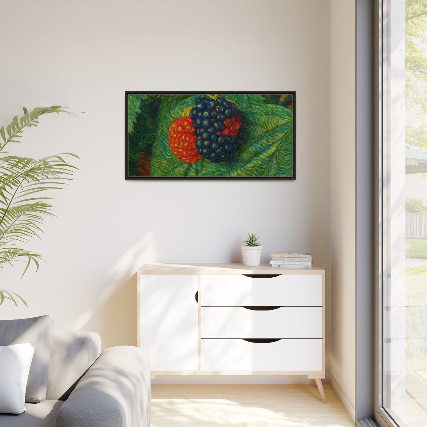 Blackberry still life framed canvas print by Printify showcasing vibrant blackberries on a textured canvas background.