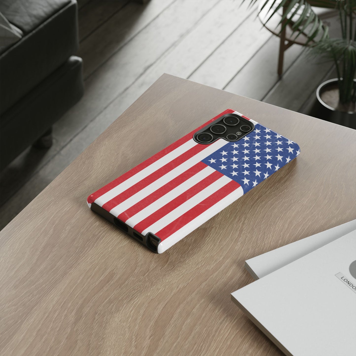 Durable American flag phone case for iPhone, patriotic design, protective tough cover with stars and stripes pattern.