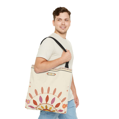 Boho floral mandala tote bag with pastel sunburst pattern, printed by Printify, showcasing its colorful bohemian design.