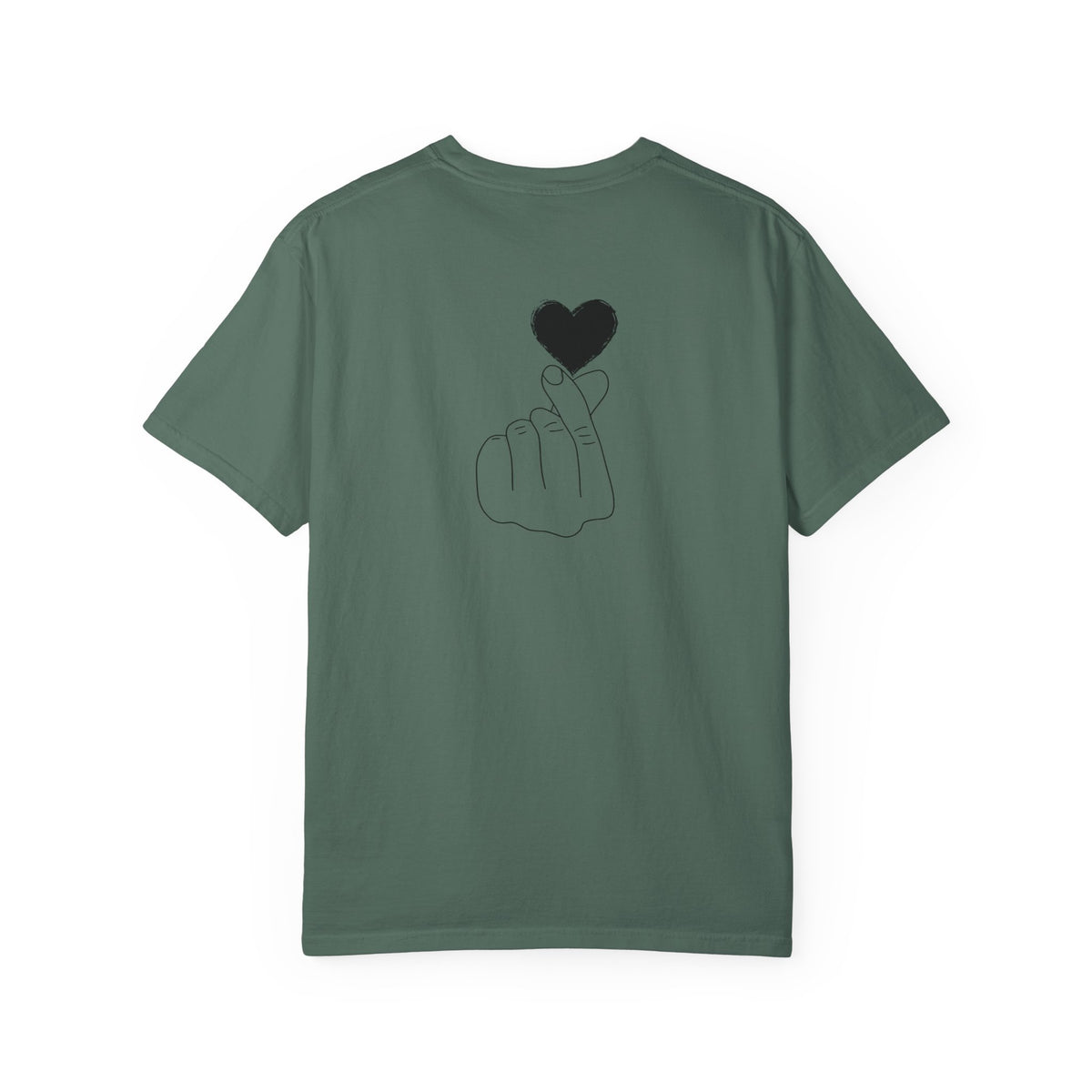 Black T-shirt with a minimal white finger heart graphic, featuring a simple heart design on the front.