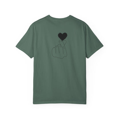 Black T-shirt with a minimal white finger heart graphic, featuring a simple heart design on the front.