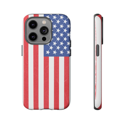 Durable American flag tough phone case for iPhone with patriotic design, made by Printify, featuring bold stars and stripes.
