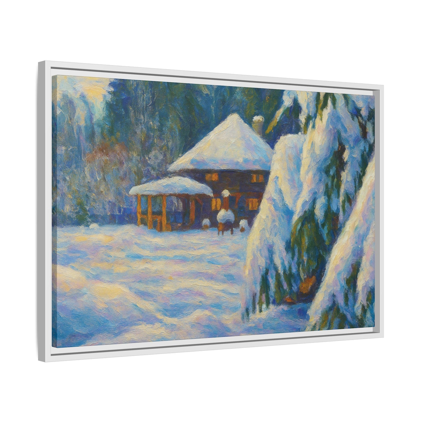 Framed matte canvas wall art featuring a winter landscape with a snowy cabin and trees, by Printify.