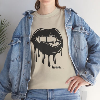 Black graphic T-shirt featuring dripping lips with "hmm..." bite design, printed by Printify, shown on a flat surface.