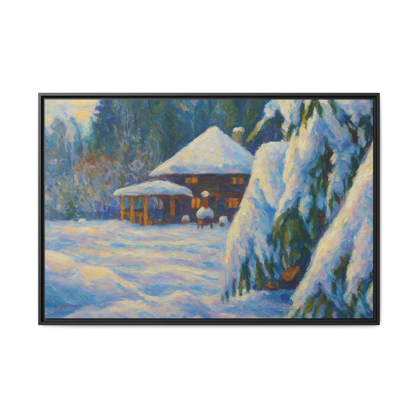 Framed matte canvas wall art of a snowy cabin winter landscape, showcasing a cozy winter scene by Printify.