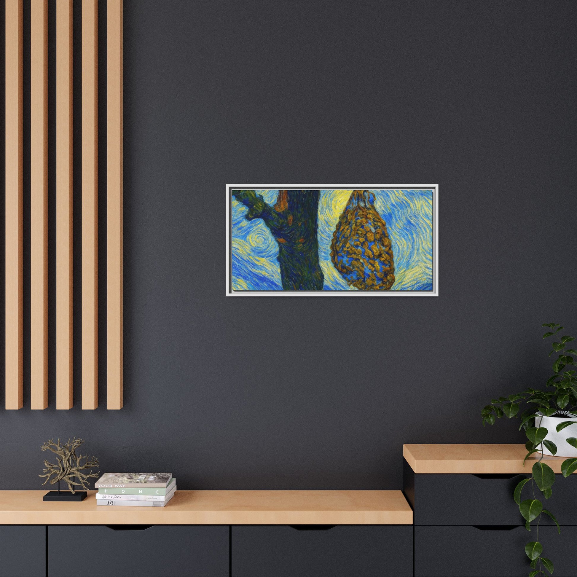 Framed matte canvas art of a starry nut cluster with dried plum hues, created by Printify, showcasing detailed botanical imagery.