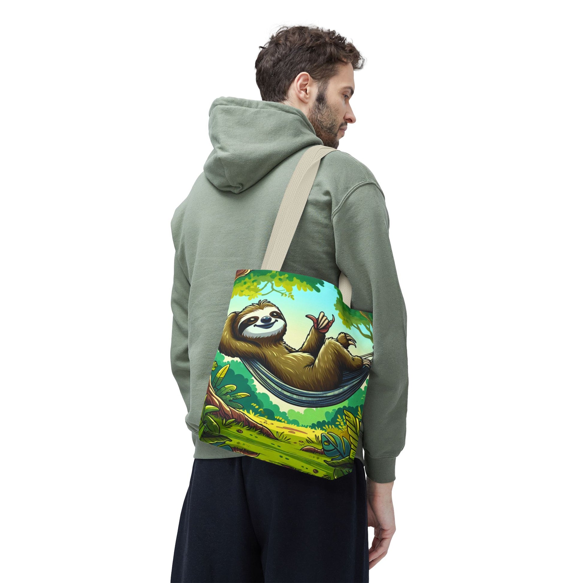 Cute eco-friendly sloth tote bag by Printify, featuring a charming animal design, perfect for casual use and animal lovers.