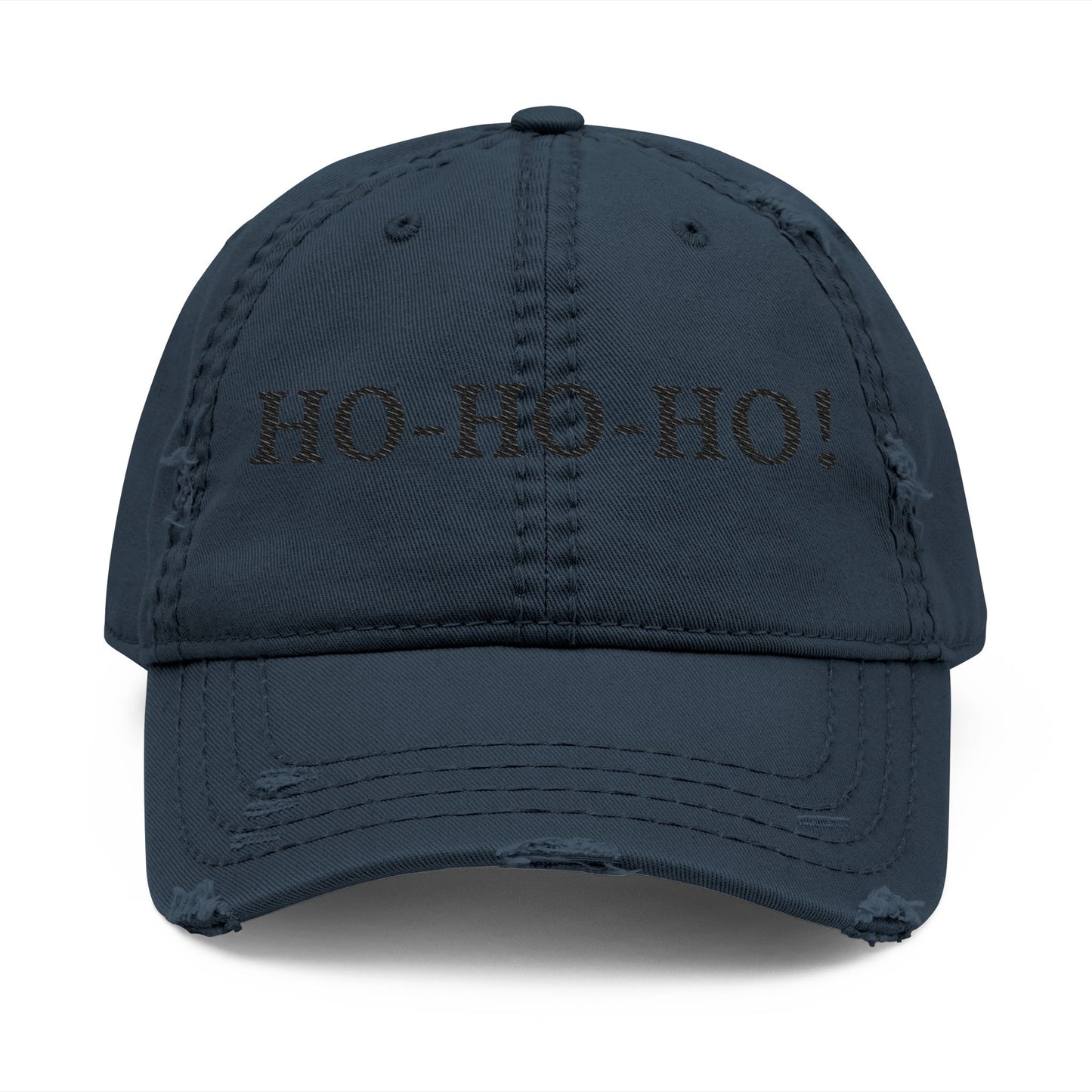 Distressed embroidered "HO-HO-HO" print on a casual baseball dad hat by Printify, shown in the image.