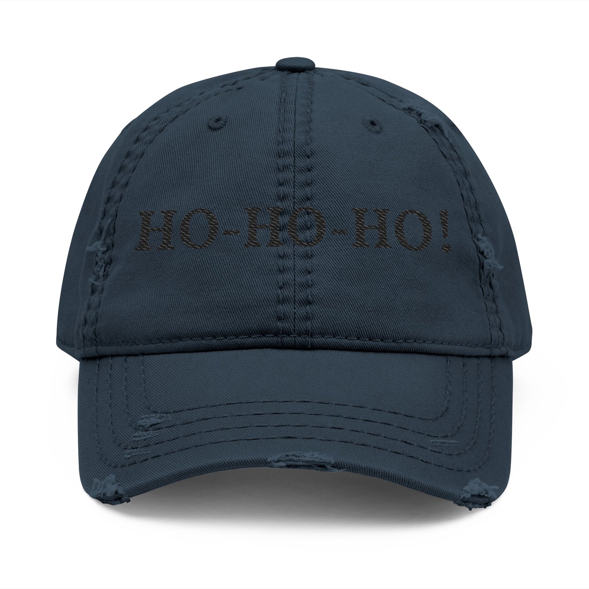 Distressed embroidered "HO-HO-HO" print on a casual baseball dad hat by Printify, shown in the image.