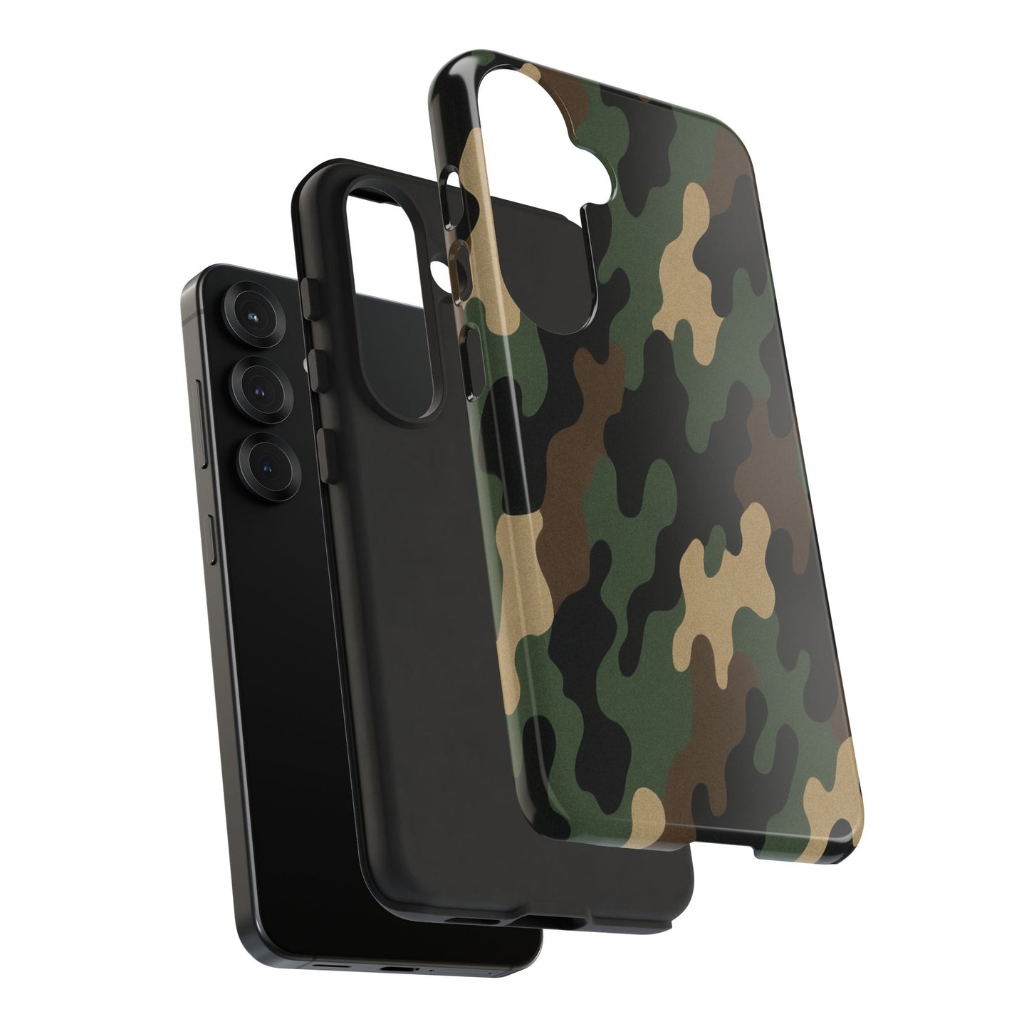 Rugged camouflage phone case by Printify showing a tough, protective design with green and brown camo patterns.
