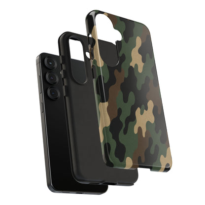Rugged camouflage phone case by Printify showing a tough, protective design with green and brown camo patterns.