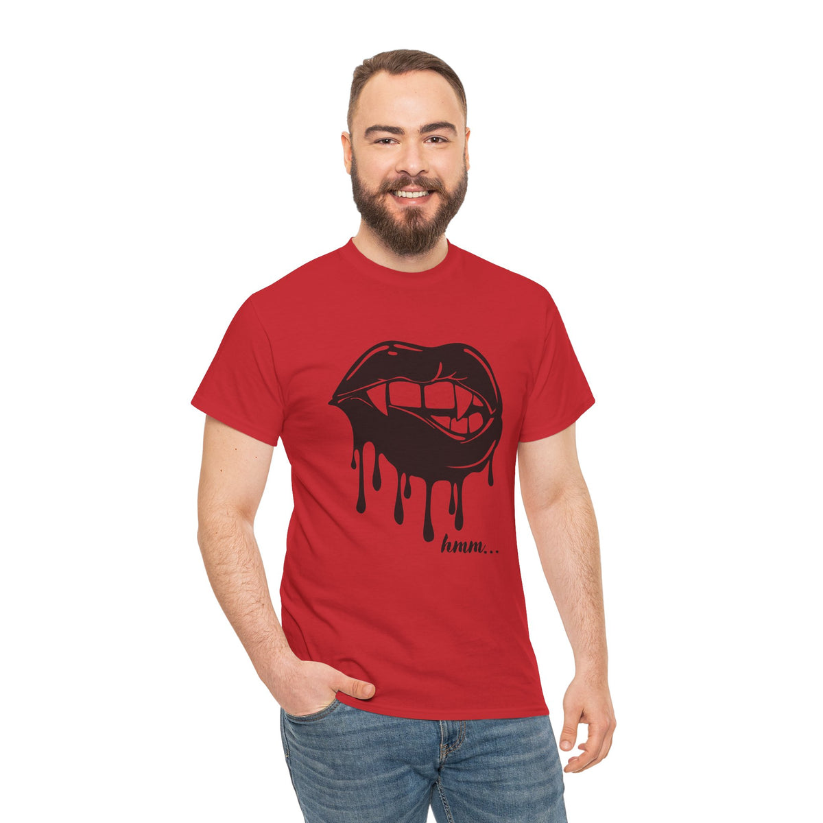Graphic T-shirt by Printify featuring a dripping lips 'hmm...' bite design on a black background.