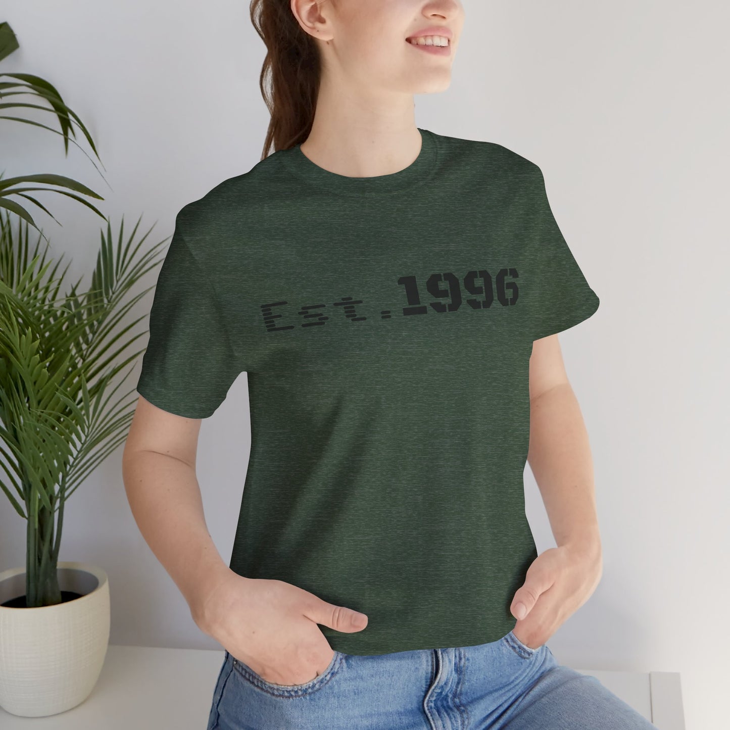 Vintage Est. 1996 T-shirt by Printify featuring a classic design, perfect as a birth year birthday gift, shown in black fabric.