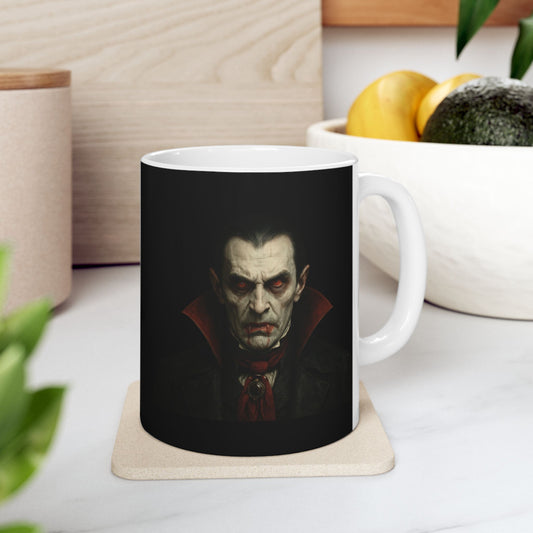 Black Gothic Dracula vampire mug with Halloween-themed design, perfect for coffee lovers and gothic style enthusiasts.