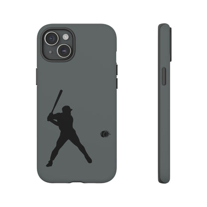 Black iPhone case with white baseball silhouette design, showcasing a protective sporty Printify phone cover.