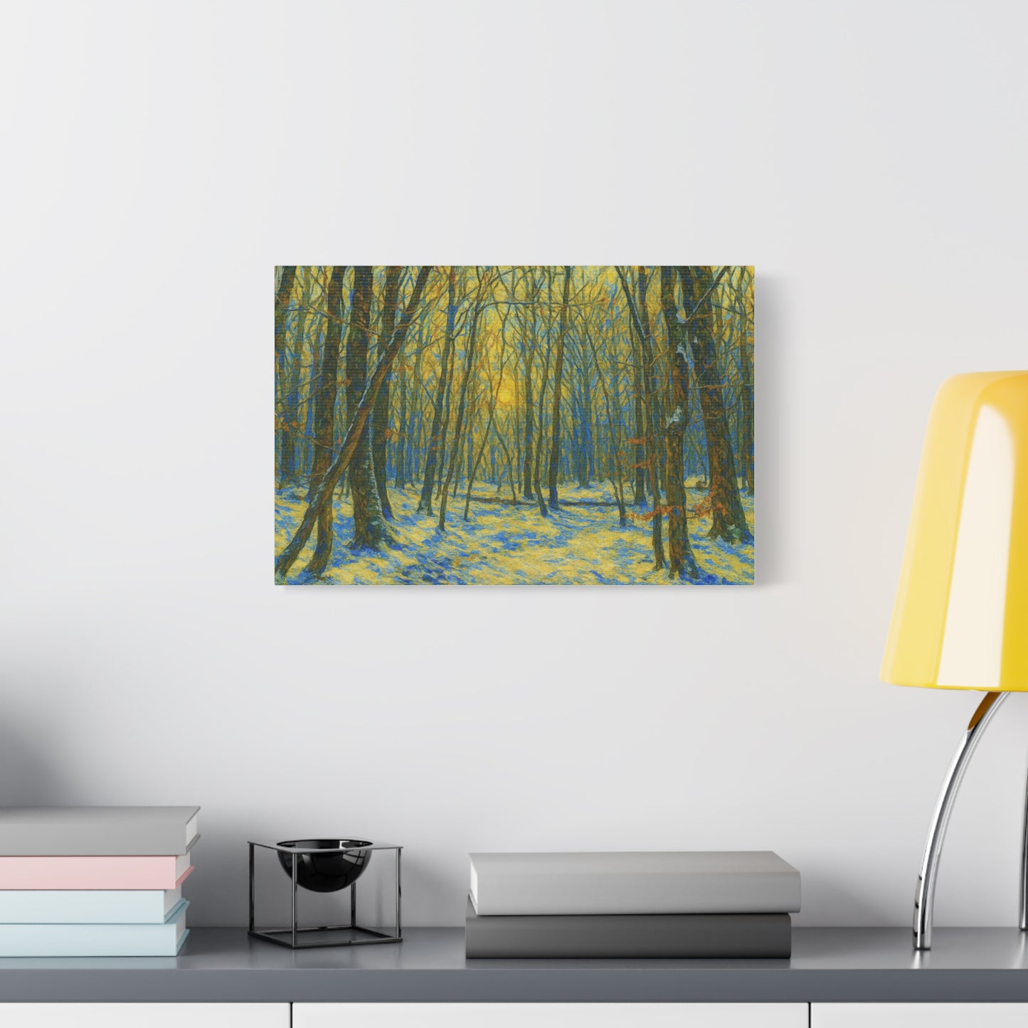 Winter woodland forest sunlight canvas print by Printify, matte stretched art depicting a serene winter forest scene.