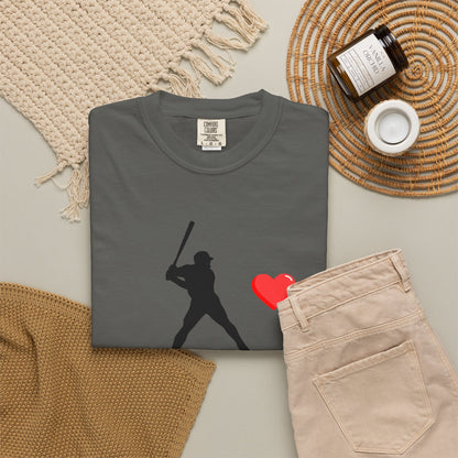 Printify baseball batter heart T-shirt featuring a graphic of a batter with a heart-shaped background on soft fabric.