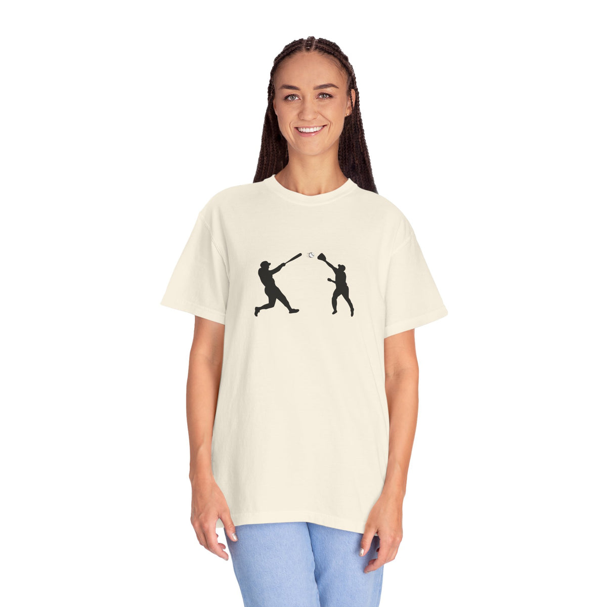Black baseball silhouette T-shirt featuring a minimal baseball player graphic, casual unisex design by Printify.