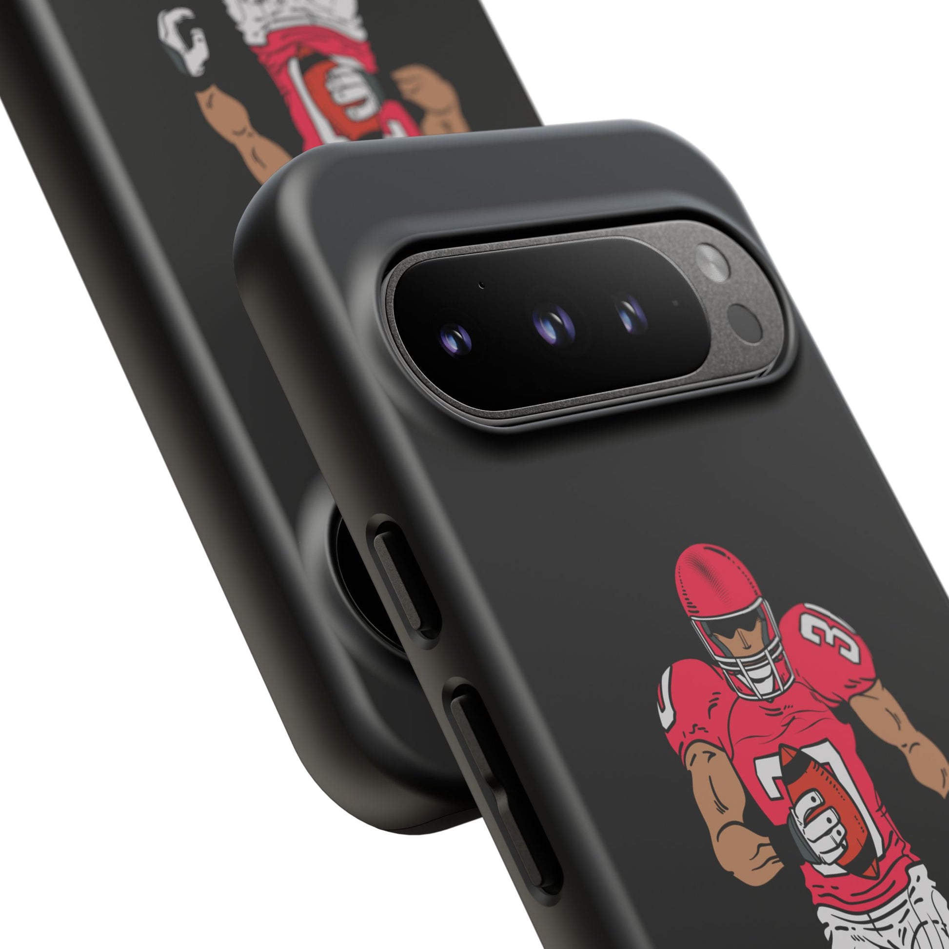 Black football player tough iPhone phone case with sports design, provides protective coverage for iPhone devices.
