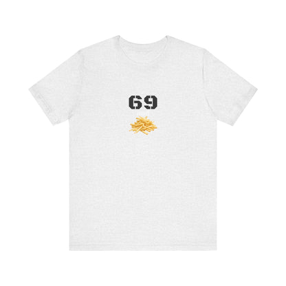 Unisex graphic T-shirt featuring a humorous 69 and French fries design, in a quirky style by Printify.