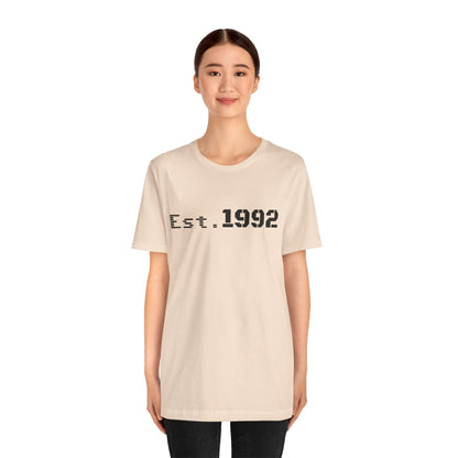 Red retro vintage Est. 1992 T-shirt by Printify featuring a classic birth year design on soft cotton fabric.