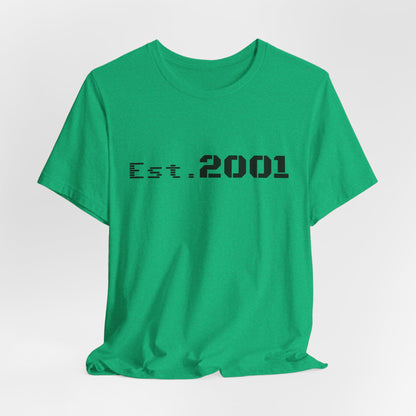 Retro minimalist Est. 2001 graphic T-shirt by Printify featuring a simple birth year design on a casual cotton tee.