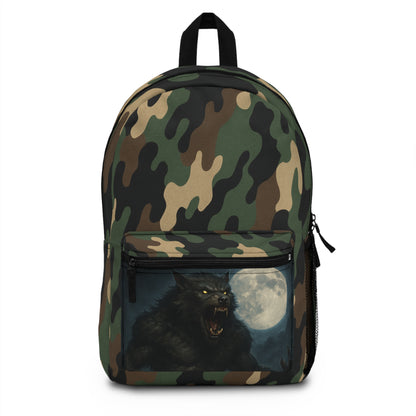 Werewolf camo backpack by Printify, rugged bag perfect for school, hiking, and travel, featuring a stylish wolf-themed camouflage design.