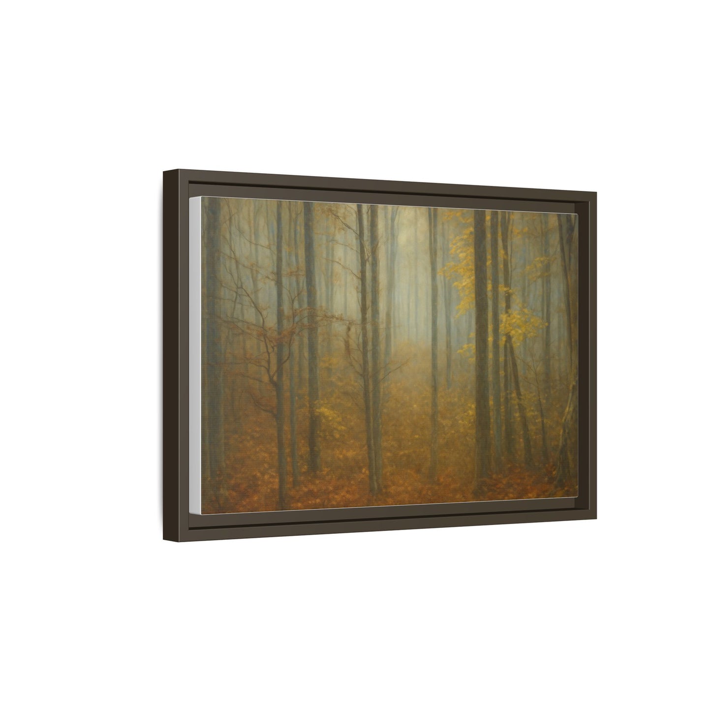 Framed matte canvas print of misty autumn forest wall art, showcasing vibrant fall trees and serene nature scene.