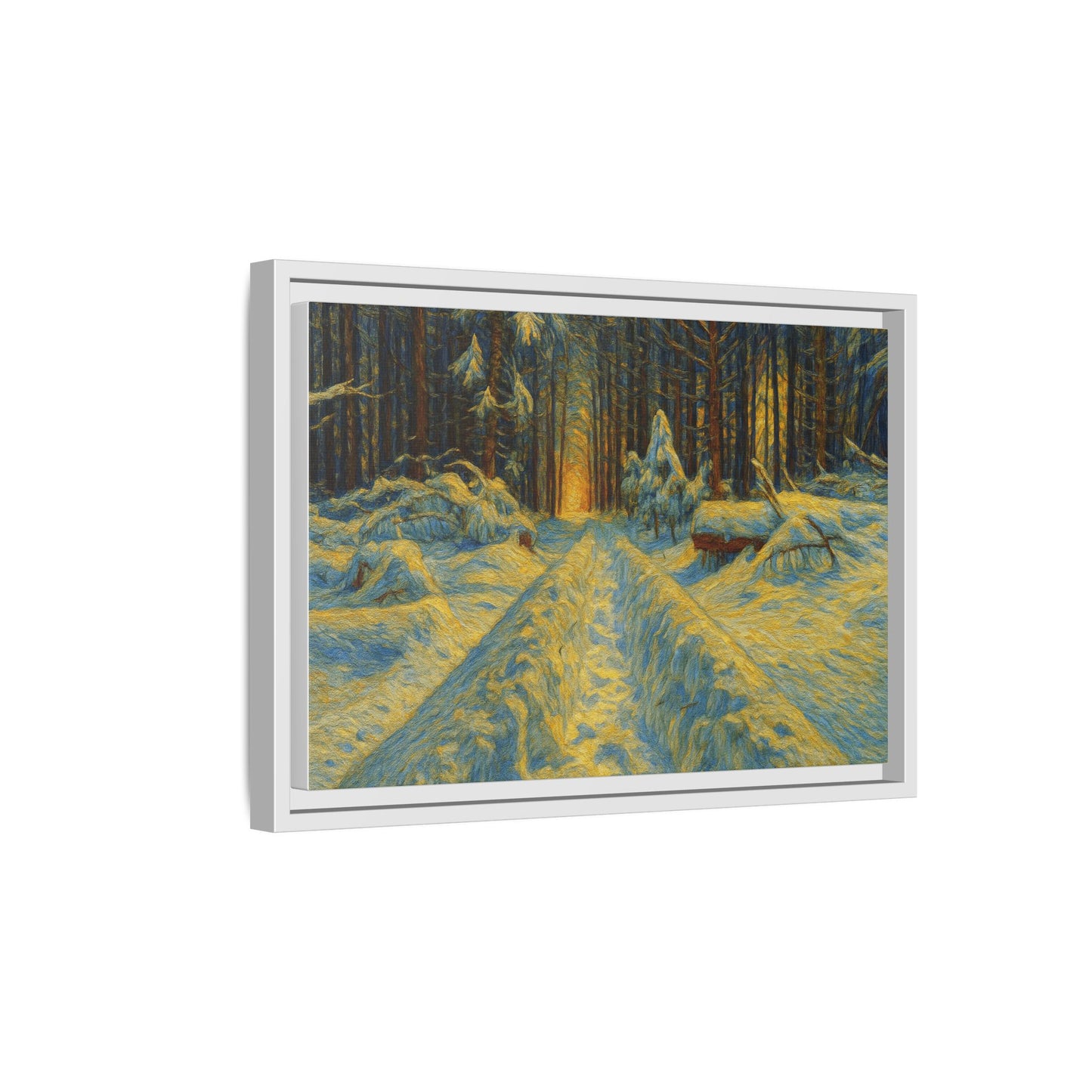 Framed matte canvas print of a snowy forest path at sunset, wall art by Printify featuring winter landscape and natural scenery.