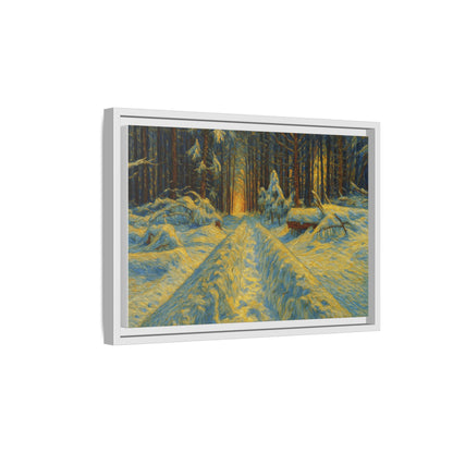 Framed matte canvas print of a snowy forest path at sunset, wall art by Printify featuring winter landscape and natural scenery.