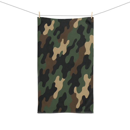 Military green camouflage hand towel with camo pattern, ideal for kitchen or bathroom use, by Printify.