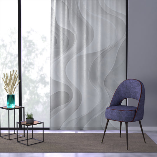 Gray abstract wave design sheer window curtain for modern home decor, showcasing lightweight fabric and stylish pattern.