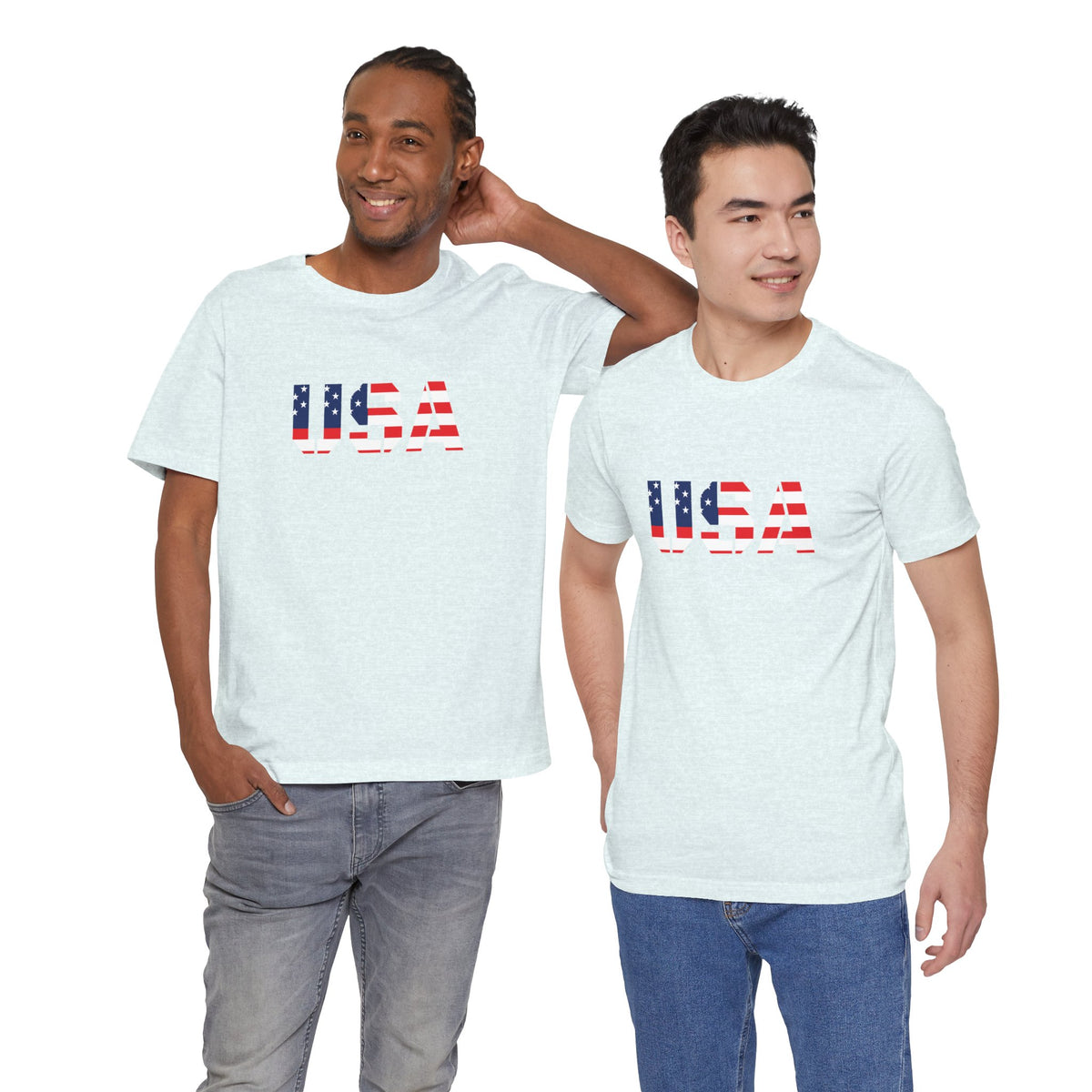 USA Flag Text T-Shirt by Printify featuring patriotic red, white, and blue design with bold USA lettering for Fourth of July celebrations.