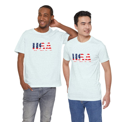 USA Flag Text T-Shirt by Printify featuring patriotic red, white, and blue design with bold USA lettering for Fourth of July celebrations.