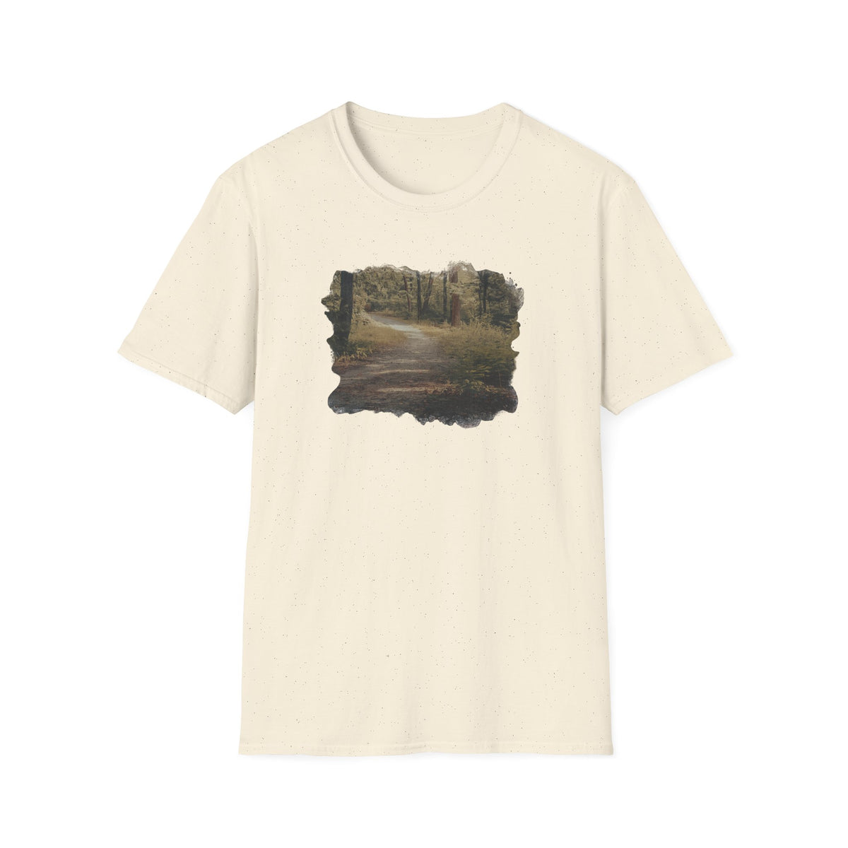 Vintage forest landscape print on a Nature Pathway T-Shirt by Printify, featuring a scenic nature pathway design.