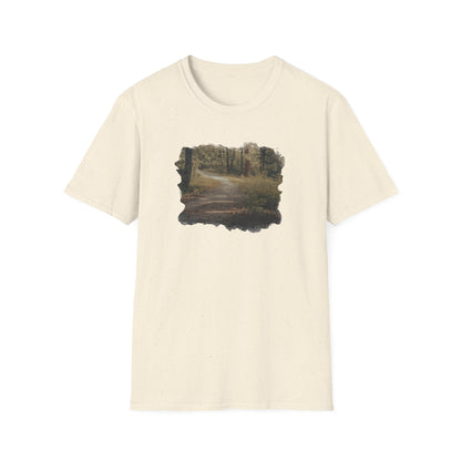Vintage forest landscape print on a Nature Pathway T-Shirt by Printify, featuring a scenic nature pathway design.