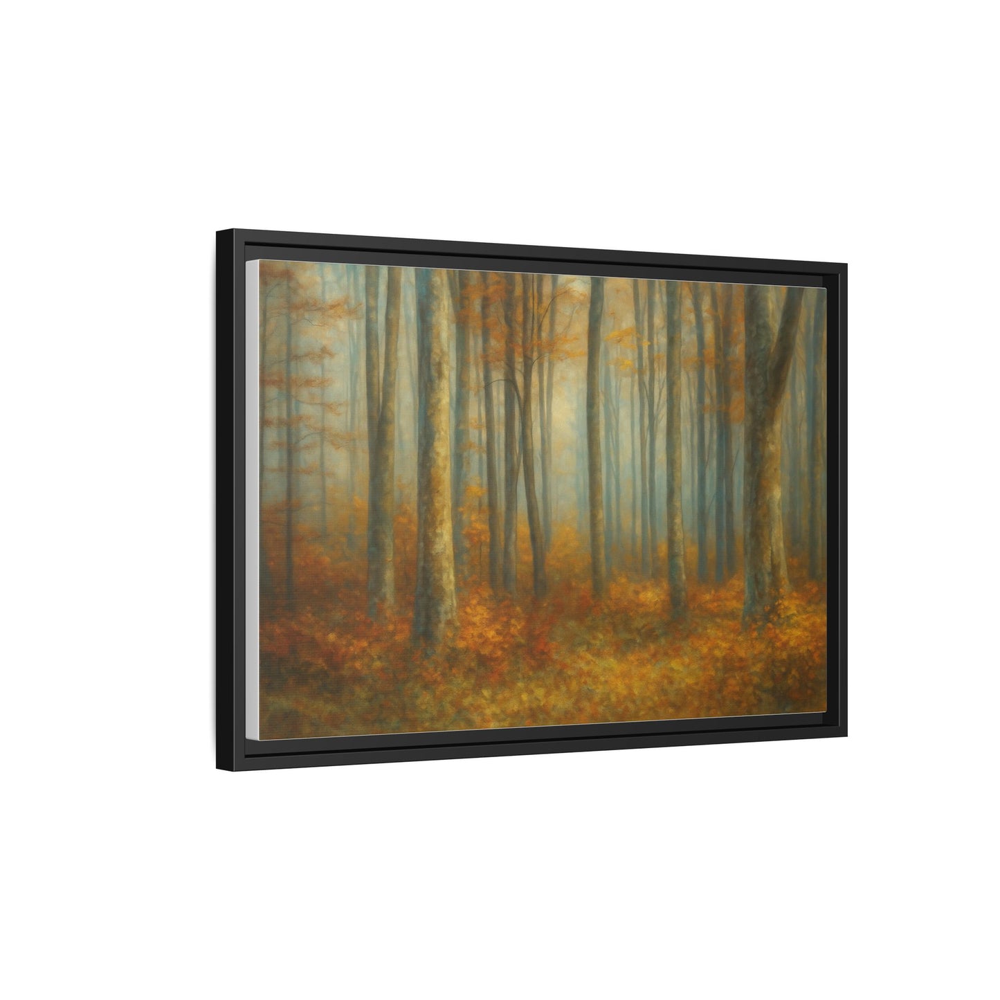 Framed autumn forest canvas print featuring misty woodland scene, wall art from Printify, showcasing vibrant fall colors and natural landscape