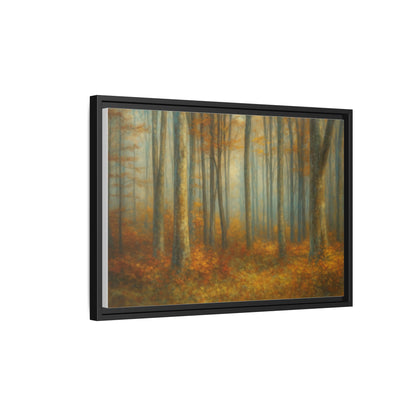 Framed autumn forest canvas print featuring misty woodland scene, wall art from Printify, showcasing vibrant fall colors and natural landscape