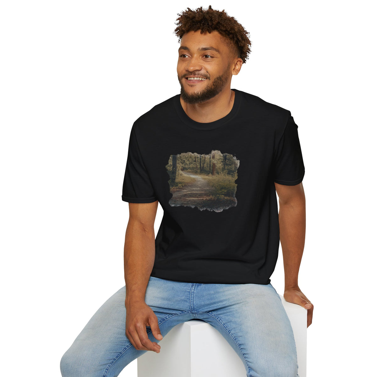 Vintage forest landscape T-shirt by Printify featuring a nature pathway design on a comfortable cotton tee.