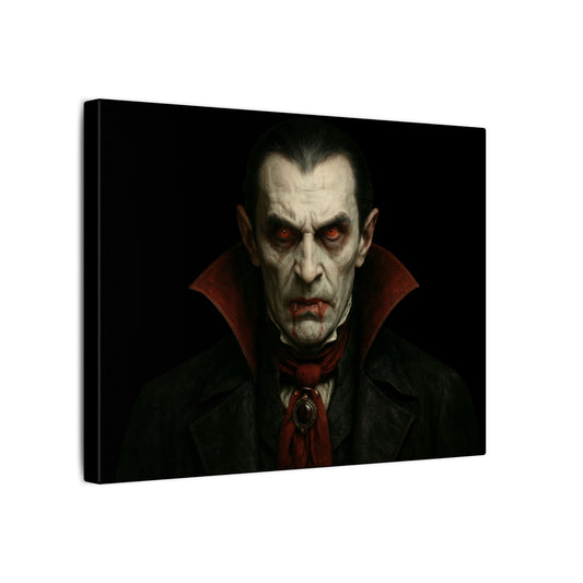 Gothic vampire portrait canvas print featuring Dracula, matte stretched wall art in dark, haunting tones, by Printify.