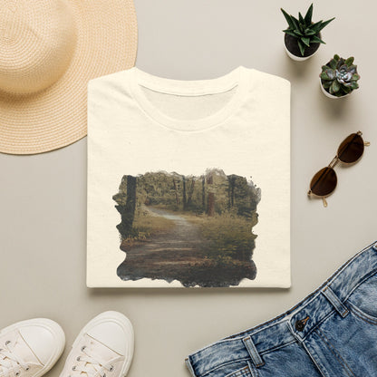 Vintage forest landscape T-shirt by Printify featuring a nature pathway design, with greenery and trees on soft fabric.