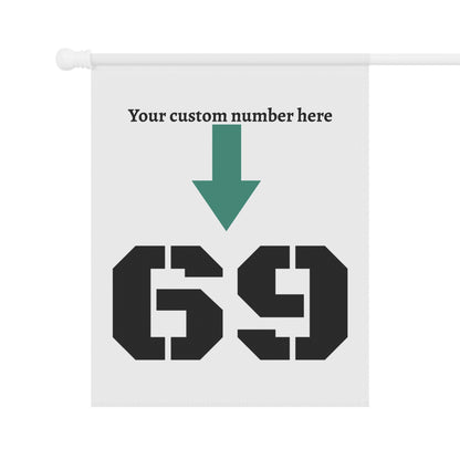 Personalized garden flag with custom house number sign, featuring vibrant colors and decorative design for outdoor display