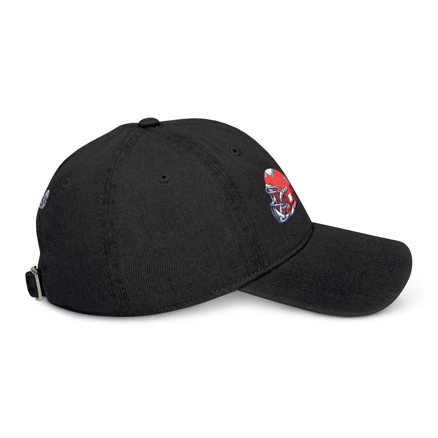 Red and blue embroidered football helmet denim hat by Printify featuring team-themed design and casual cap style.