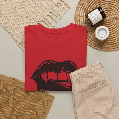 Graphic T-shirt featuring a dripping lips design with "hmm..." text in black and white, by Printify.