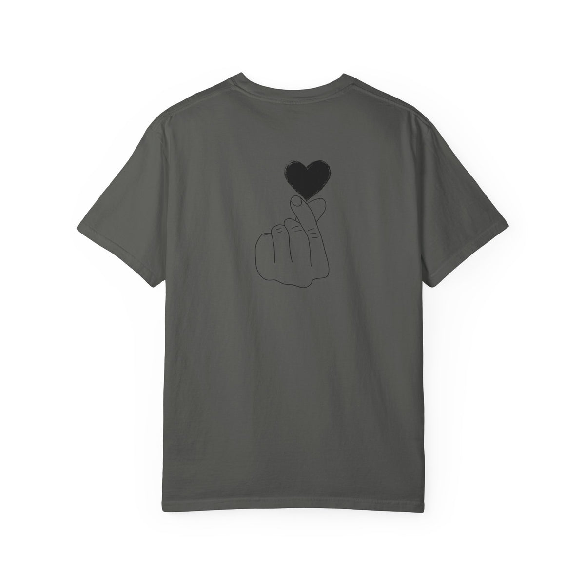 Black T-shirt with a minimal white finger heart graphic, casual Printify logo tee for everyday wear.