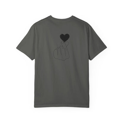 Black T-shirt with a minimal white finger heart graphic, casual Printify logo tee for everyday wear.