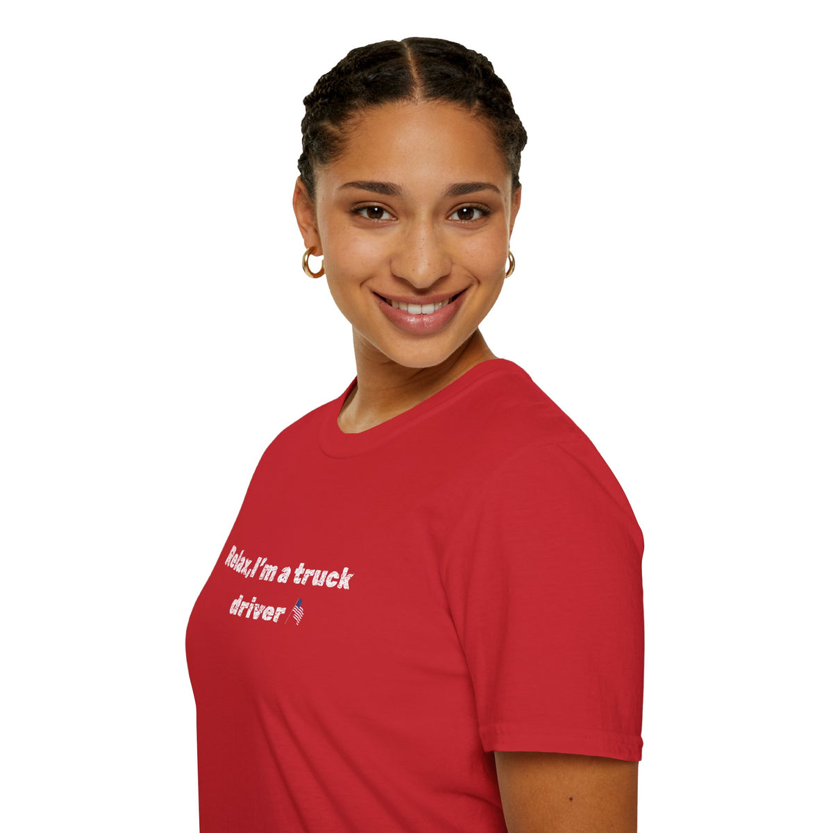 Funny truck driver T-shirt featuring a pink heart design, casual fit, comfortable fabric, perfect for truckers and truck driving enthusiasts
