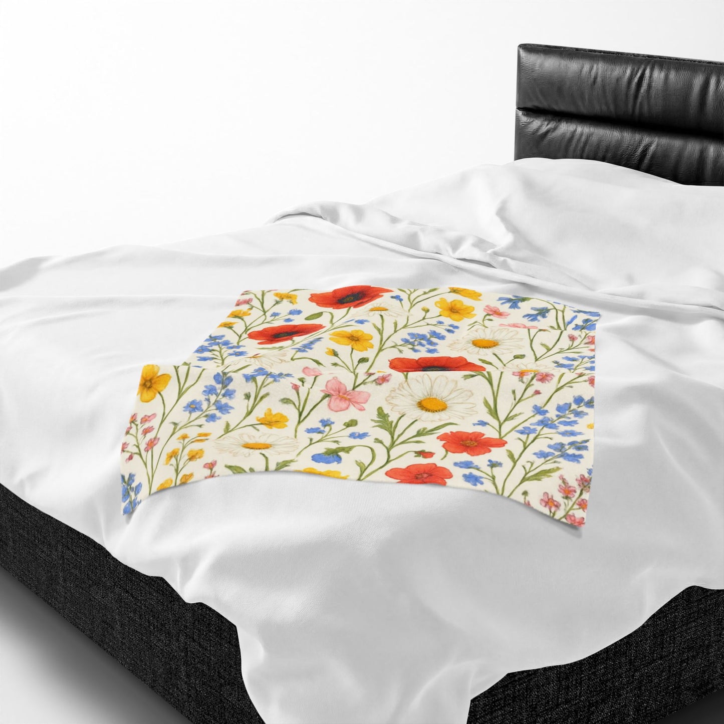 Velveteen plush blanket with all-over poppy daisy floral wildflower meadow print, soft and cozy fabric from Printify.
