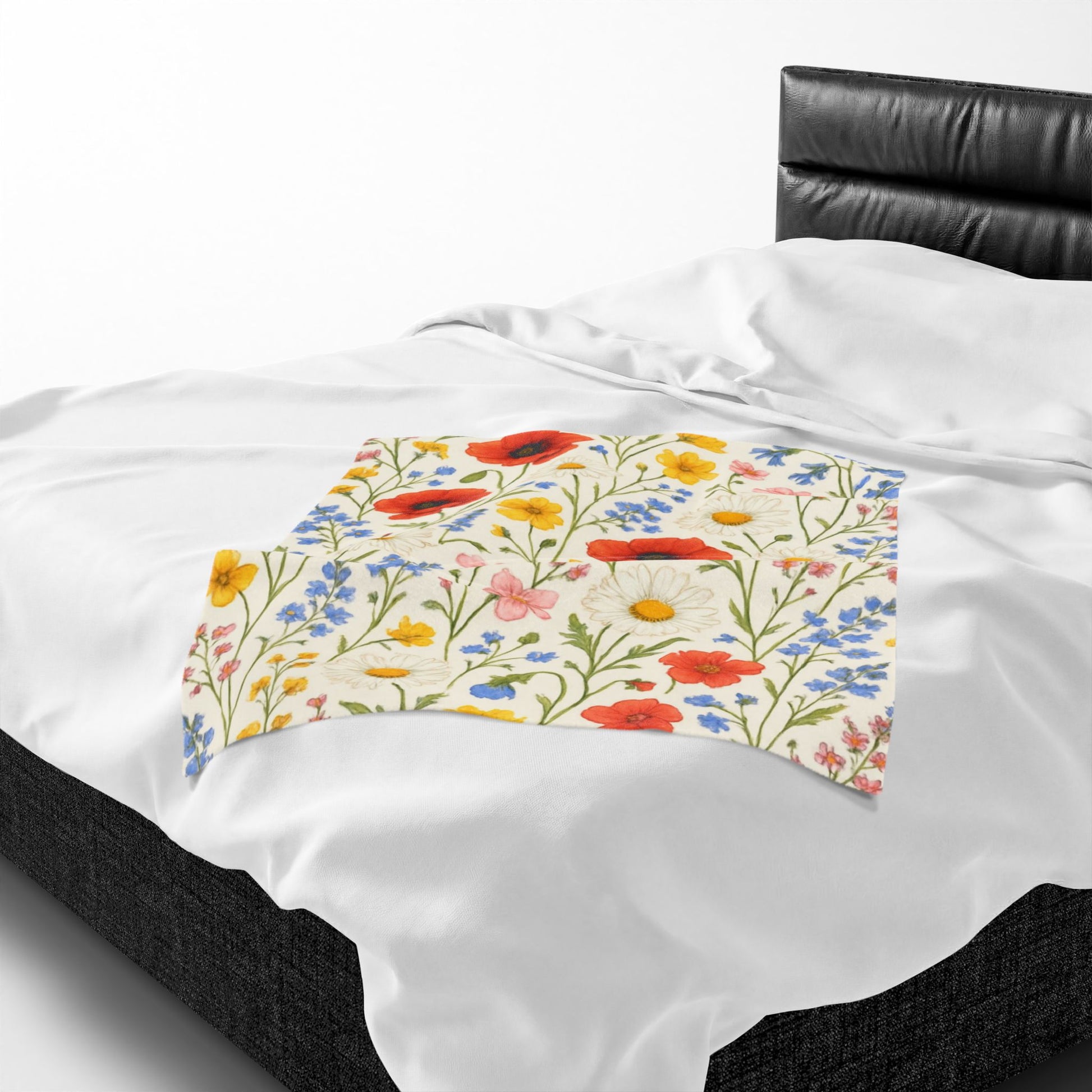 Velveteen plush blanket with all-over poppy daisy floral wildflower meadow print, soft and cozy fabric from Printify.